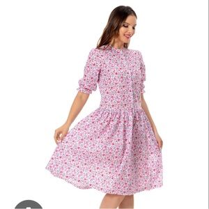 EUC Barbara Dress Floral Pink 80s Drop Waist Puff Sleeve Size Medium